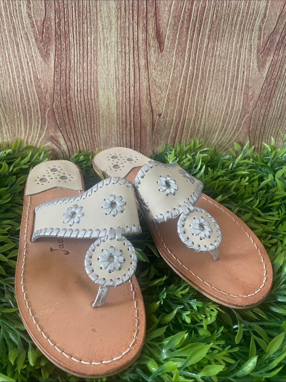 Jack Rogers Cream and Silver Floral Toe-Post Sandals